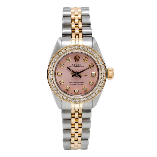 Rolex Oyster Perpetual 26MM 6719 Pink Diamond Dial Diamond Bezel Two Tone Yellow Gold Jubilee Bracelet 1ct