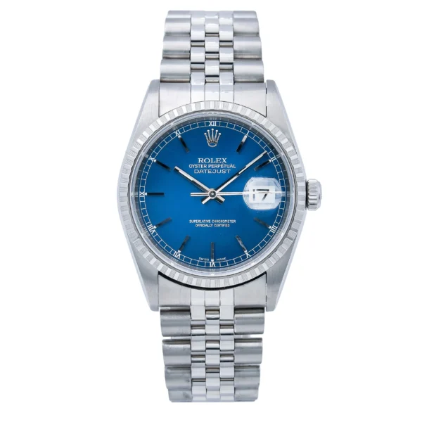 Rolex Datejust 36MM 16220 Blue Dial Engine Turned Bezel Stainless Steel Jubilee Bracelet