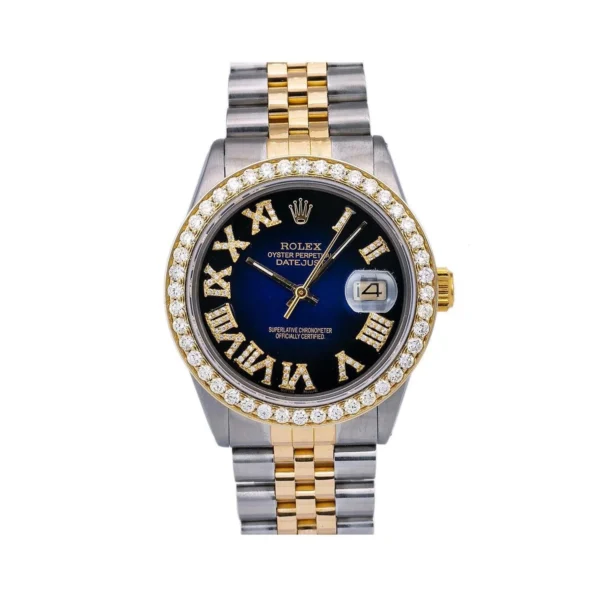 Rolex Datejust 36MM 16013 Blue Roman Diamond Dial Diamond Bezel Two Tone Yellow Gold Jubilee Bracelet 1.35ct