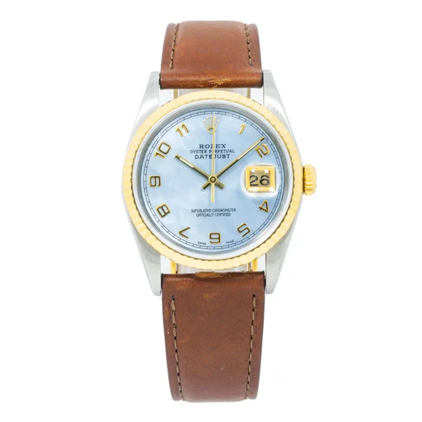 Rolex Datejust 36MM 16013 Blue Mother of Pearl Arabic Dial Fluted Bezel Brown Leather Strap