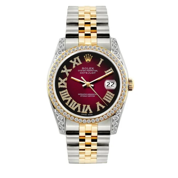 Rolex Datejust 36MM 16013 Red Roman Diamond Dial Diamond Bezel Two Tone Yellow Gold Jubilee Bracelet 1.2ct